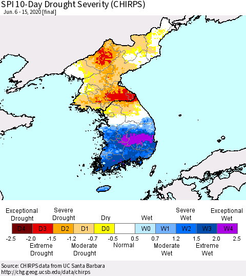 Korea SPI 10-Day Drought Severity (CHIRPS) Thematic Map For 6/6/2020 - 6/15/2020