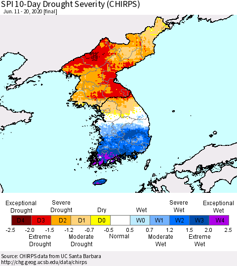 Korea SPI 10-Day Drought Severity (CHIRPS) Thematic Map For 6/11/2020 - 6/20/2020
