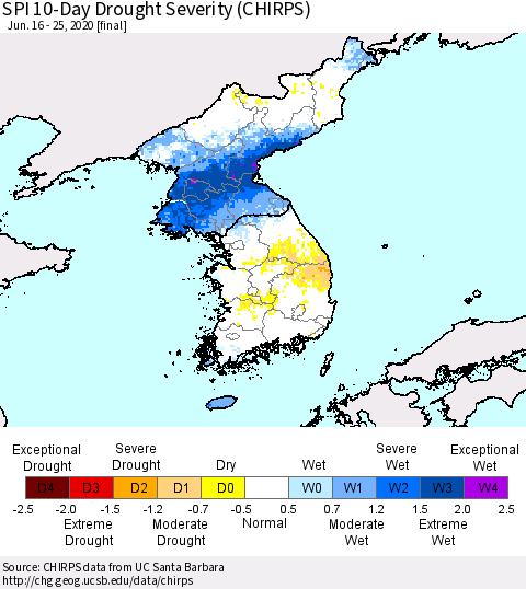 Korea SPI 10-Day Drought Severity (CHIRPS) Thematic Map For 6/16/2020 - 6/25/2020