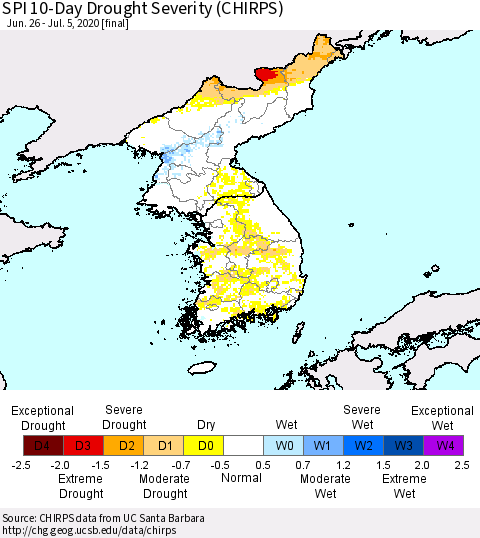 Korea SPI 10-Day Drought Severity (CHIRPS) Thematic Map For 6/26/2020 - 7/5/2020