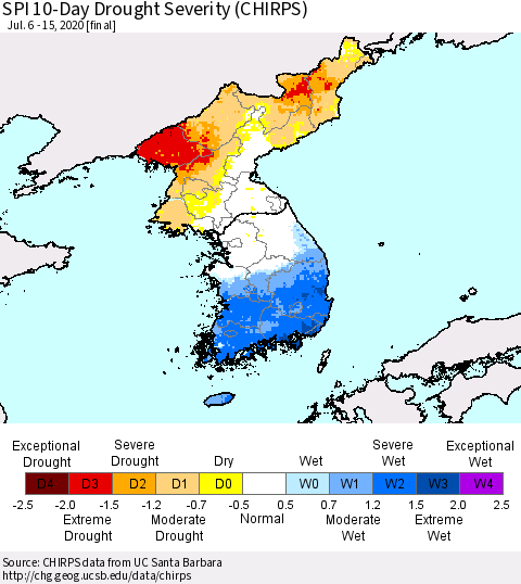 Korea SPI 10-Day Drought Severity (CHIRPS) Thematic Map For 7/6/2020 - 7/15/2020
