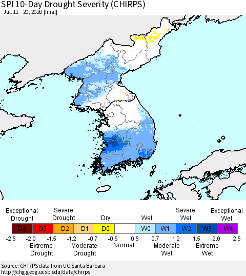 Korea SPI 10-Day Drought Severity (CHIRPS) Thematic Map For 7/11/2020 - 7/20/2020