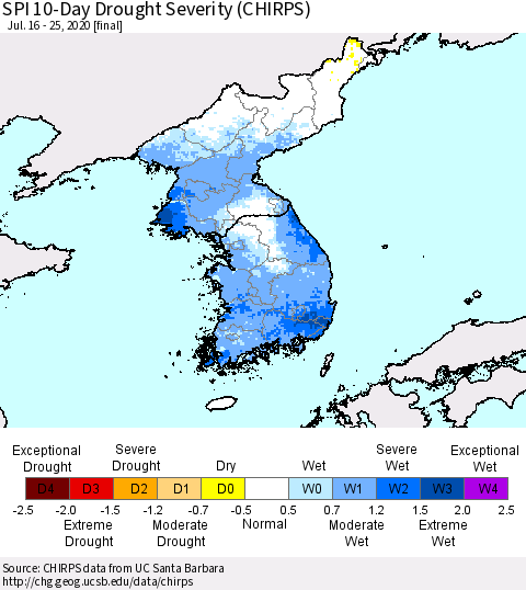 Korea SPI 10-Day Drought Severity (CHIRPS) Thematic Map For 7/16/2020 - 7/25/2020