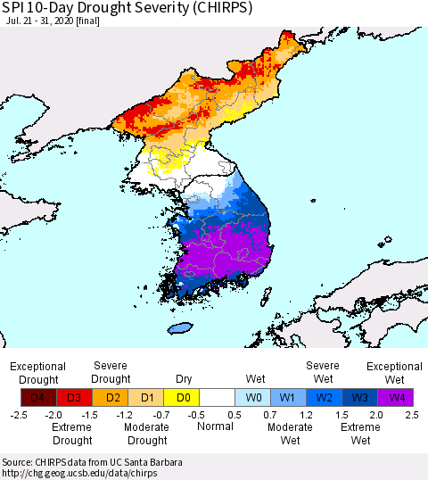 Korea SPI 10-Day Drought Severity (CHIRPS) Thematic Map For 7/21/2020 - 7/31/2020