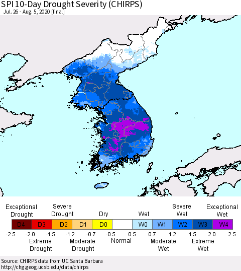 Korea SPI 10-Day Drought Severity (CHIRPS) Thematic Map For 7/26/2020 - 8/5/2020
