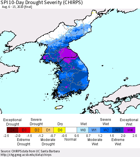 Korea SPI 10-Day Drought Severity (CHIRPS) Thematic Map For 8/6/2020 - 8/15/2020