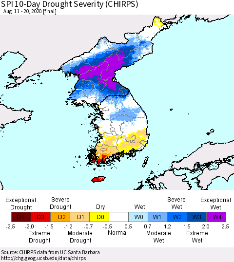 Korea SPI 10-Day Drought Severity (CHIRPS) Thematic Map For 8/11/2020 - 8/20/2020