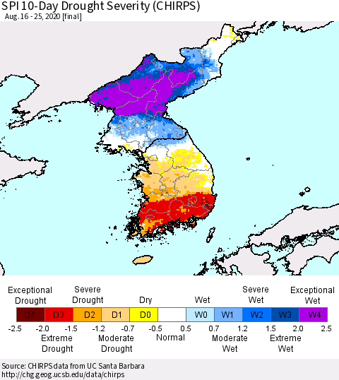 Korea SPI 10-Day Drought Severity (CHIRPS) Thematic Map For 8/16/2020 - 8/25/2020