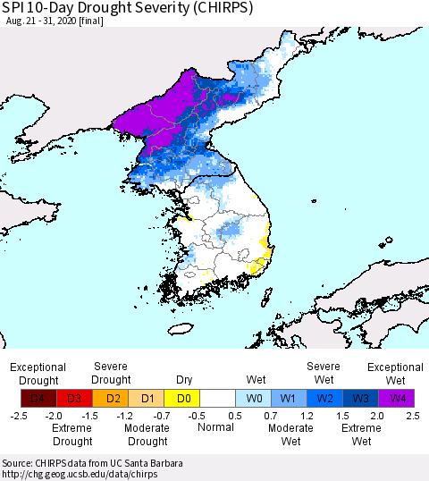 Korea SPI 10-Day Drought Severity (CHIRPS) Thematic Map For 8/21/2020 - 8/31/2020