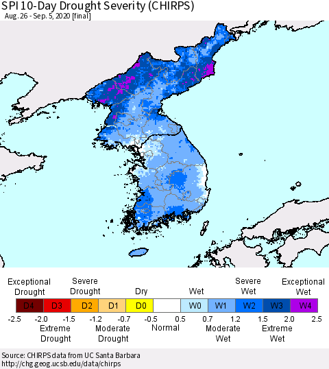 Korea SPI 10-Day Drought Severity (CHIRPS) Thematic Map For 8/26/2020 - 9/5/2020
