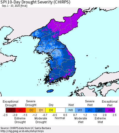 Korea SPI 10-Day Drought Severity (CHIRPS) Thematic Map For 9/1/2020 - 9/10/2020