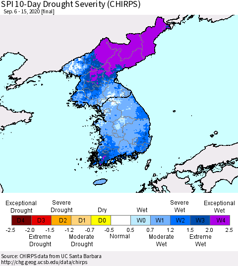 Korea SPI 10-Day Drought Severity (CHIRPS) Thematic Map For 9/6/2020 - 9/15/2020