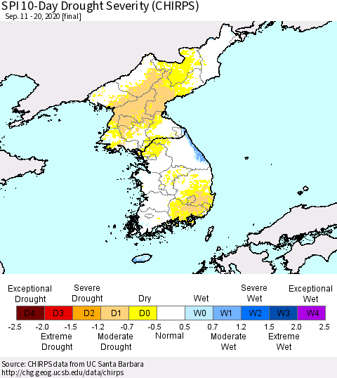 Korea SPI 10-Day Drought Severity (CHIRPS) Thematic Map For 9/11/2020 - 9/20/2020