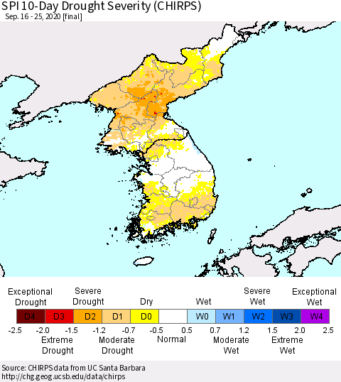 Korea SPI 10-Day Drought Severity (CHIRPS) Thematic Map For 9/16/2020 - 9/25/2020