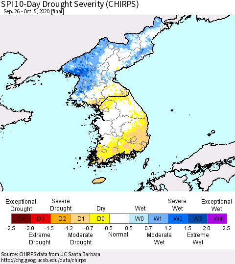 Korea SPI 10-Day Drought Severity (CHIRPS) Thematic Map For 9/26/2020 - 10/5/2020