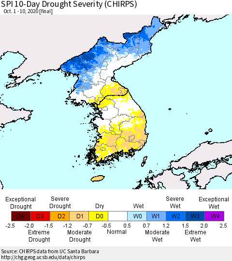 Korea SPI 10-Day Drought Severity (CHIRPS) Thematic Map For 10/1/2020 - 10/10/2020