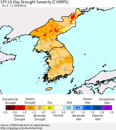 Korea SPI 10-Day Drought Severity (CHIRPS) Thematic Map For 10/6/2020 - 10/15/2020