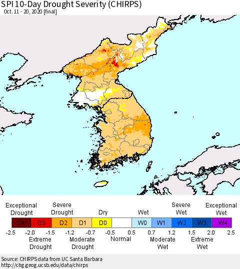 Korea SPI 10-Day Drought Severity (CHIRPS) Thematic Map For 10/11/2020 - 10/20/2020