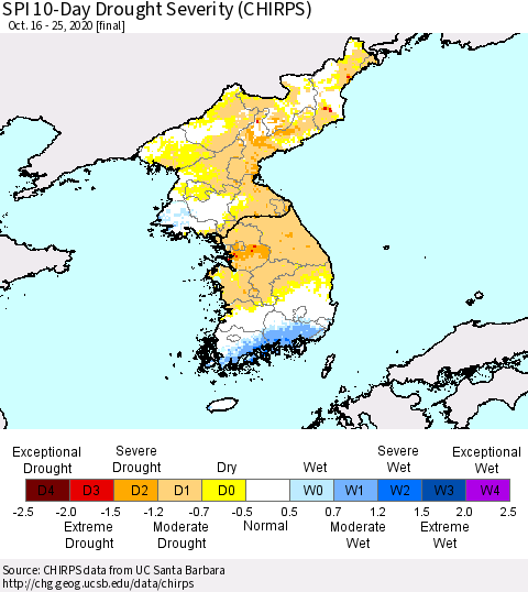 Korea SPI 10-Day Drought Severity (CHIRPS) Thematic Map For 10/16/2020 - 10/25/2020