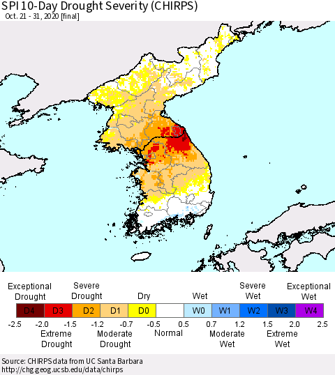 Korea SPI 10-Day Drought Severity (CHIRPS) Thematic Map For 10/21/2020 - 10/31/2020