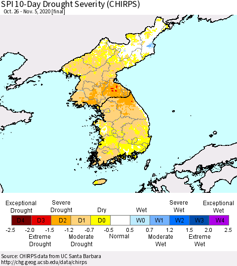 Korea SPI 10-Day Drought Severity (CHIRPS) Thematic Map For 10/26/2020 - 11/5/2020