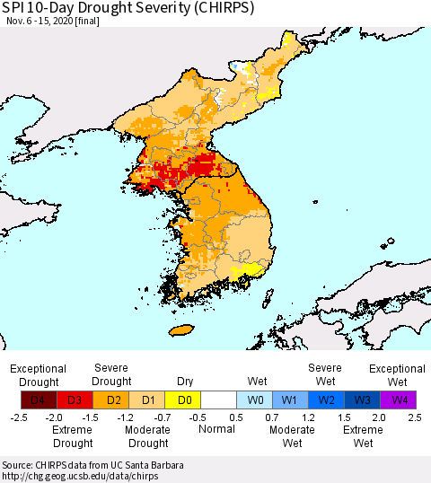 Korea SPI 10-Day Drought Severity (CHIRPS) Thematic Map For 11/6/2020 - 11/15/2020