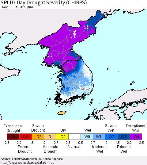 Korea SPI 10-Day Drought Severity (CHIRPS) Thematic Map For 11/11/2020 - 11/20/2020