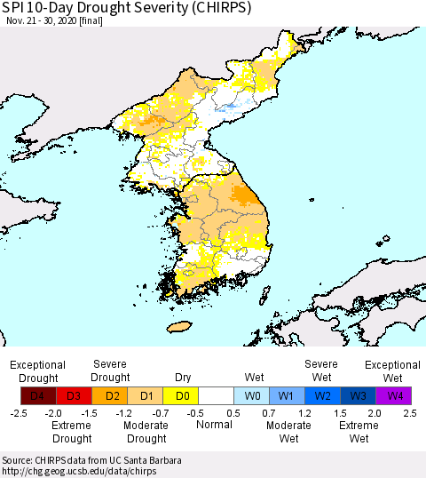 Korea SPI 10-Day Drought Severity (CHIRPS) Thematic Map For 11/21/2020 - 11/30/2020