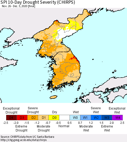 Korea SPI 10-Day Drought Severity (CHIRPS) Thematic Map For 11/26/2020 - 12/5/2020