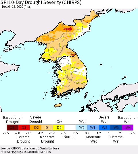 Korea SPI 10-Day Drought Severity (CHIRPS) Thematic Map For 12/6/2020 - 12/15/2020