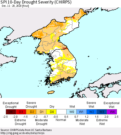 Korea SPI 10-Day Drought Severity (CHIRPS) Thematic Map For 12/11/2020 - 12/20/2020