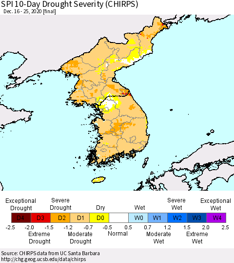 Korea SPI 10-Day Drought Severity (CHIRPS) Thematic Map For 12/16/2020 - 12/25/2020