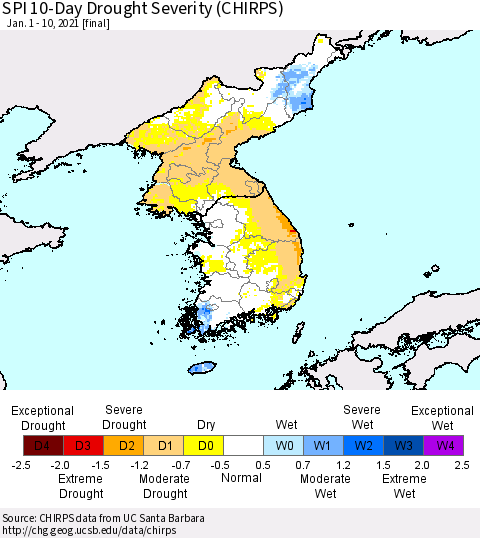 Korea SPI 10-Day Drought Severity (CHIRPS) Thematic Map For 1/1/2021 - 1/10/2021