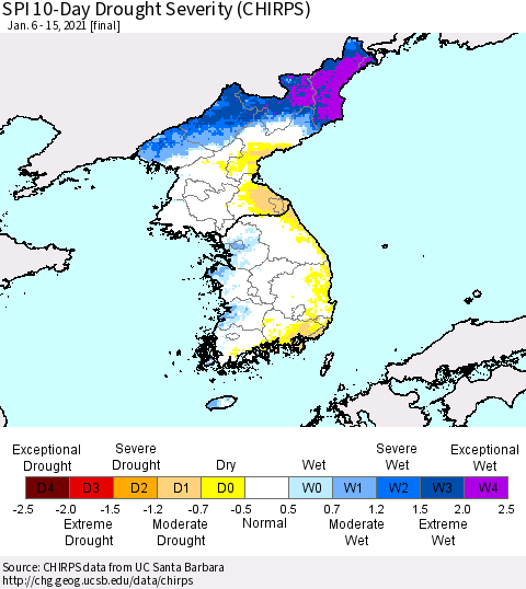 Korea SPI 10-Day Drought Severity (CHIRPS) Thematic Map For 1/6/2021 - 1/15/2021