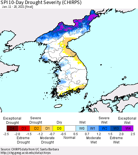 Korea SPI 10-Day Drought Severity (CHIRPS) Thematic Map For 1/11/2021 - 1/20/2021