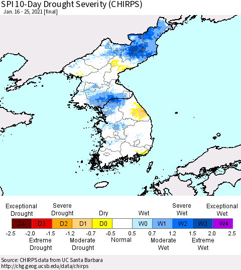 Korea SPI 10-Day Drought Severity (CHIRPS) Thematic Map For 1/16/2021 - 1/25/2021