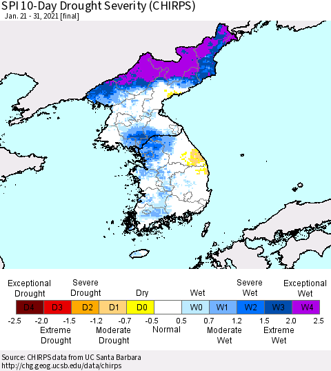Korea SPI 10-Day Drought Severity (CHIRPS) Thematic Map For 1/21/2021 - 1/31/2021