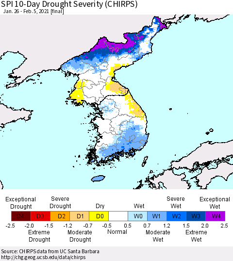 Korea SPI 10-Day Drought Severity (CHIRPS) Thematic Map For 1/26/2021 - 2/5/2021