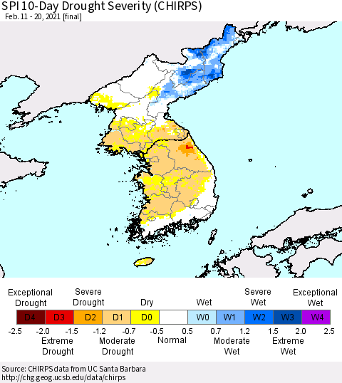 Korea SPI 10-Day Drought Severity (CHIRPS) Thematic Map For 2/11/2021 - 2/20/2021