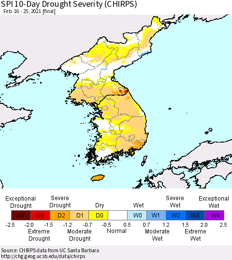 Korea SPI 10-Day Drought Severity (CHIRPS) Thematic Map For 2/16/2021 - 2/25/2021