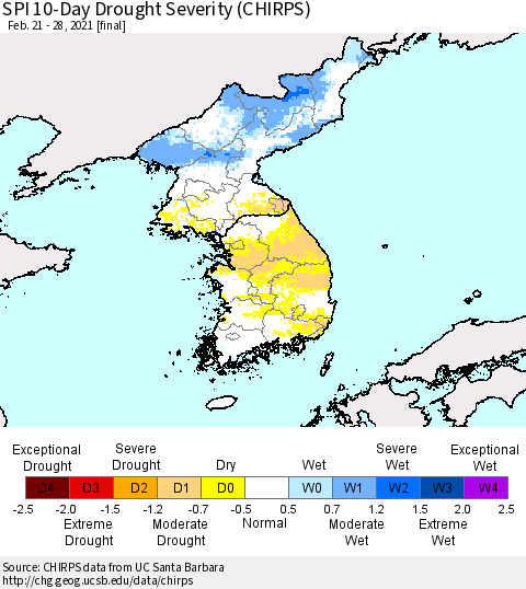 Korea SPI 10-Day Drought Severity (CHIRPS) Thematic Map For 2/21/2021 - 2/28/2021