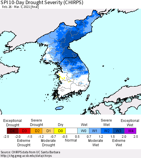 Korea SPI 10-Day Drought Severity (CHIRPS) Thematic Map For 2/26/2021 - 3/5/2021