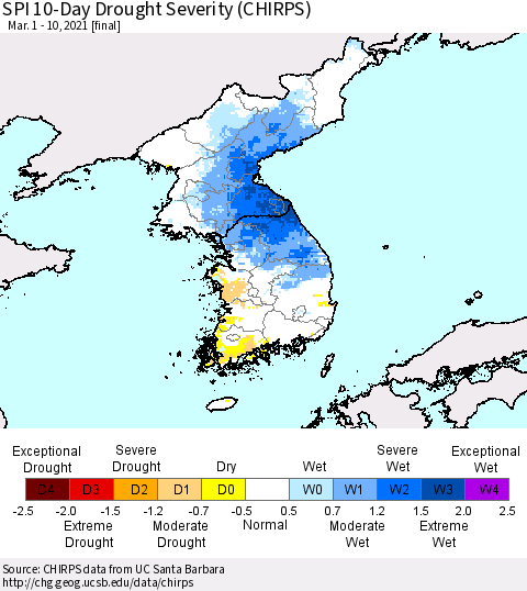 Korea SPI 10-Day Drought Severity (CHIRPS) Thematic Map For 3/1/2021 - 3/10/2021