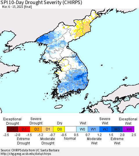 Korea SPI 10-Day Drought Severity (CHIRPS) Thematic Map For 3/6/2021 - 3/15/2021