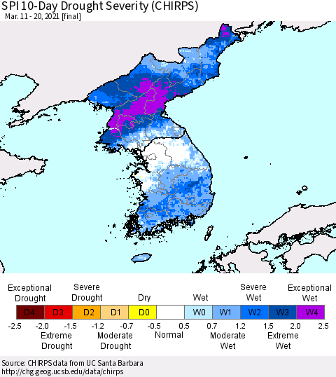 Korea SPI 10-Day Drought Severity (CHIRPS) Thematic Map For 3/11/2021 - 3/20/2021
