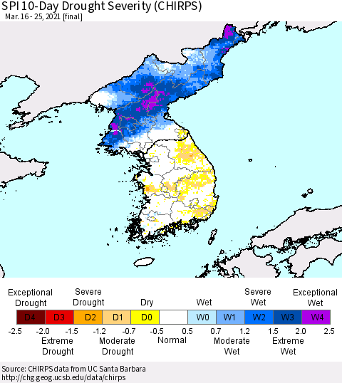 Korea SPI 10-Day Drought Severity (CHIRPS) Thematic Map For 3/16/2021 - 3/25/2021