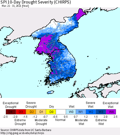 Korea SPI 10-Day Drought Severity (CHIRPS) Thematic Map For 3/21/2021 - 3/31/2021