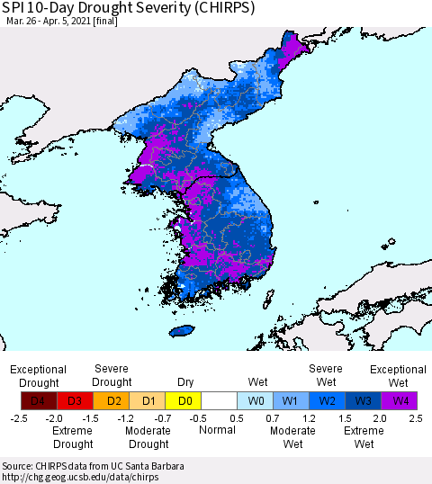 Korea SPI 10-Day Drought Severity (CHIRPS) Thematic Map For 3/26/2021 - 4/5/2021