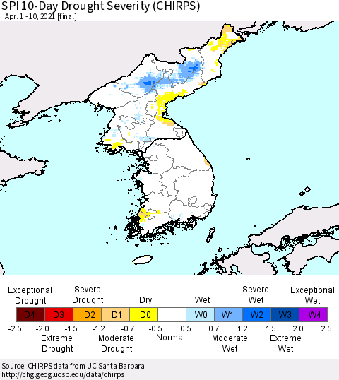 Korea SPI 10-Day Drought Severity (CHIRPS) Thematic Map For 4/1/2021 - 4/10/2021