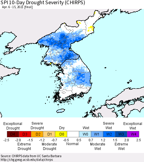 Korea SPI 10-Day Drought Severity (CHIRPS) Thematic Map For 4/6/2021 - 4/15/2021